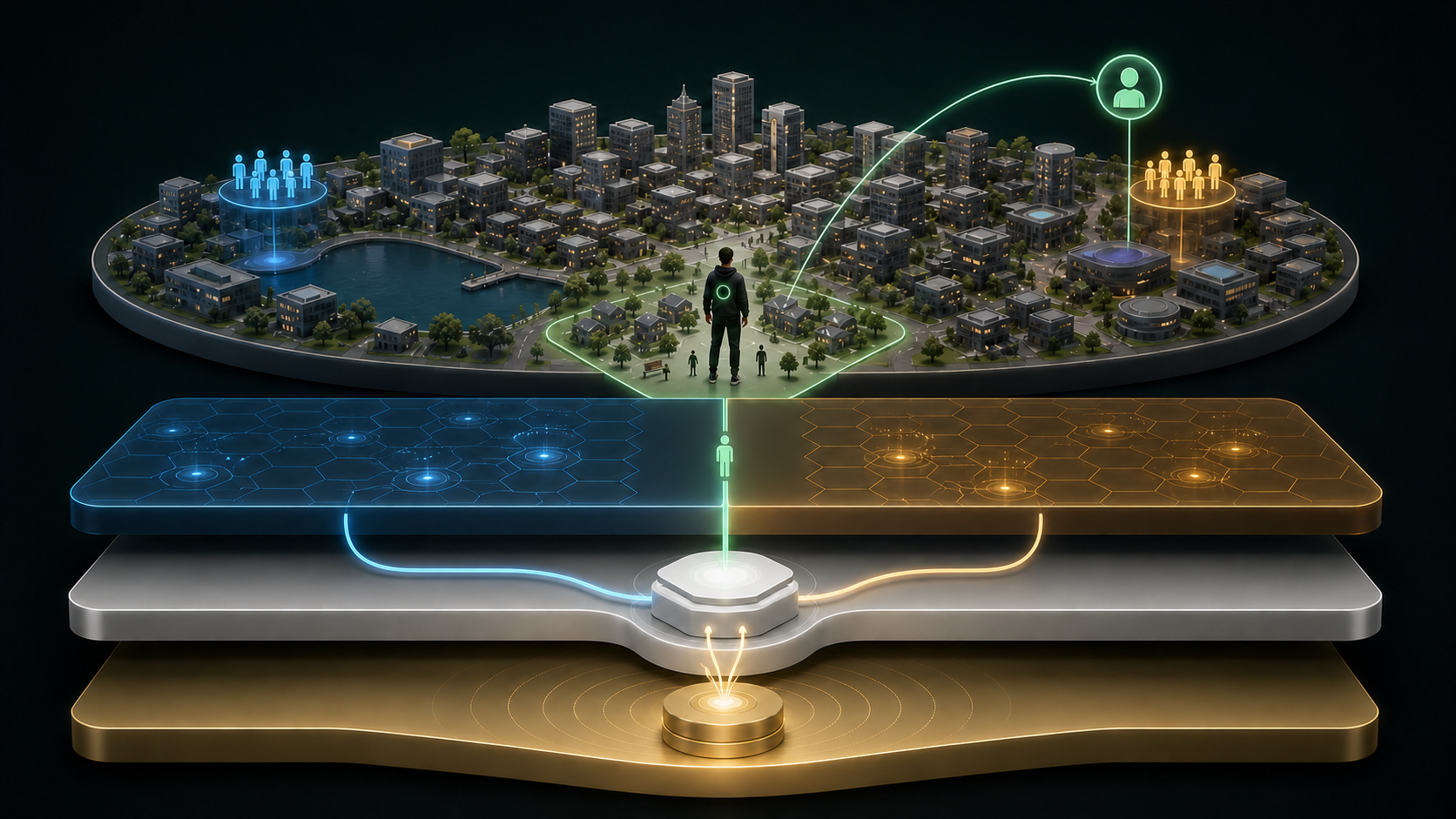 A resident standing inside a bounded local view of one continuous world, with a deliberate portal connection to a distant resident.